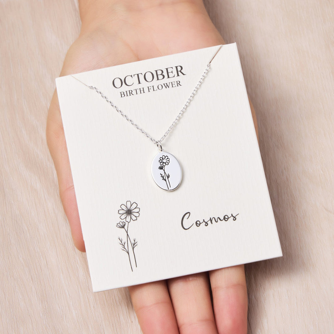 October Birth Flower Cosmos Necklace with Card - Philip Jones Jewellery