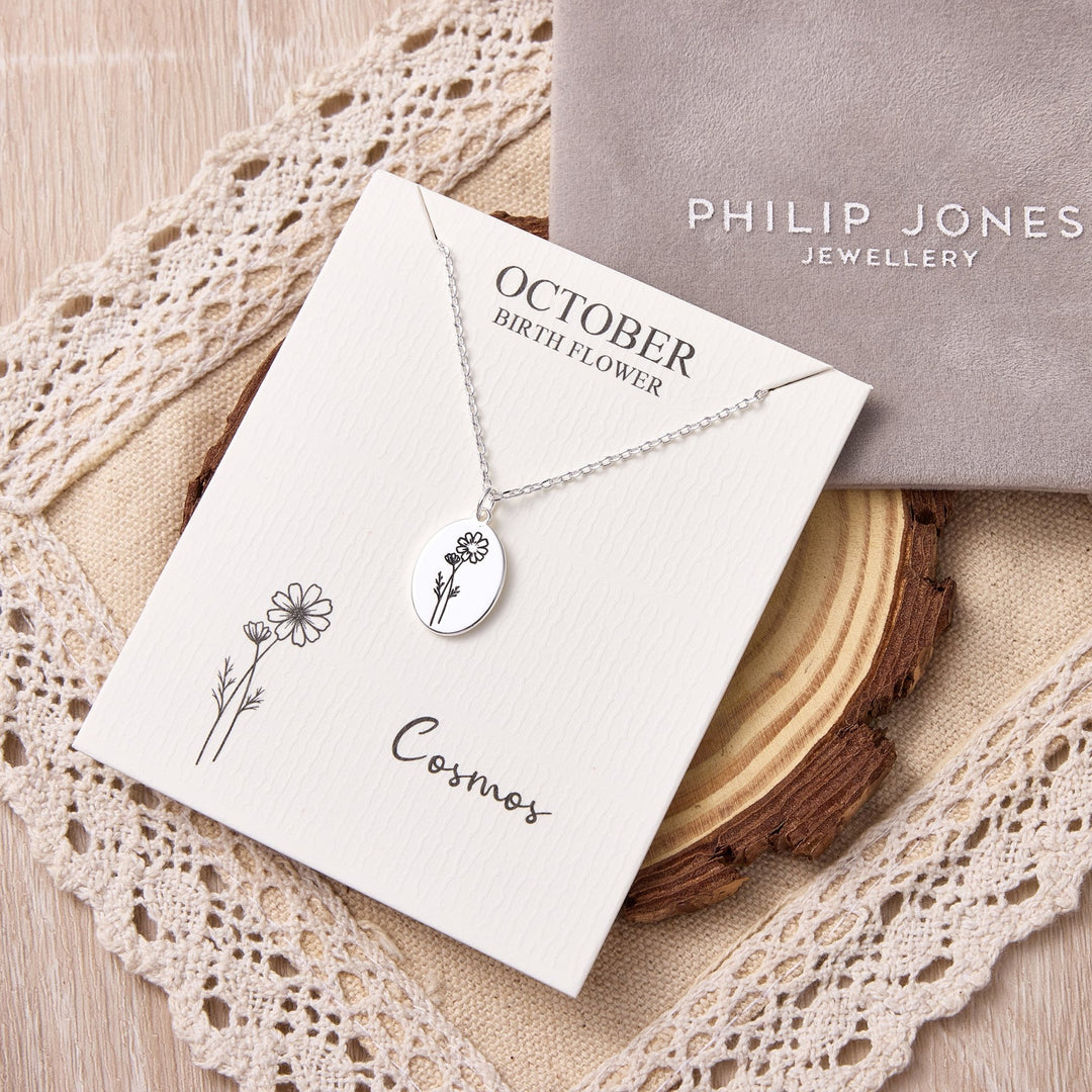 October Birth Flower Cosmos Necklace with Card - Philip Jones Jewellery