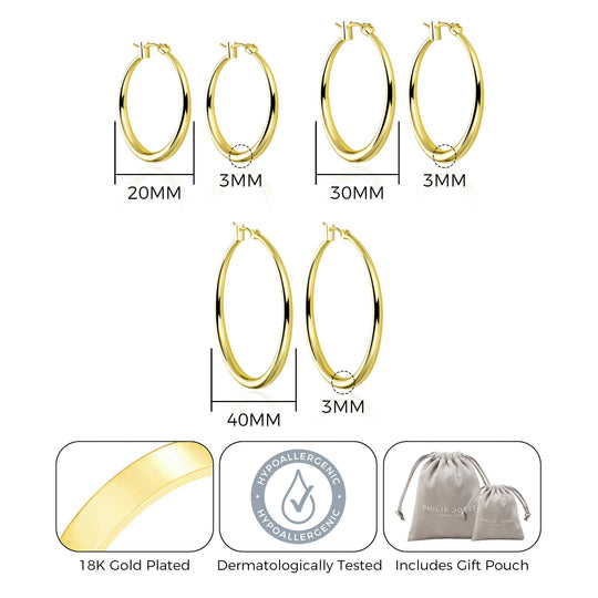 Pack of 3 18k Gold Plated 20mm, 30mm & 40mm Hoop Earrings - Philip Jones Jewellery