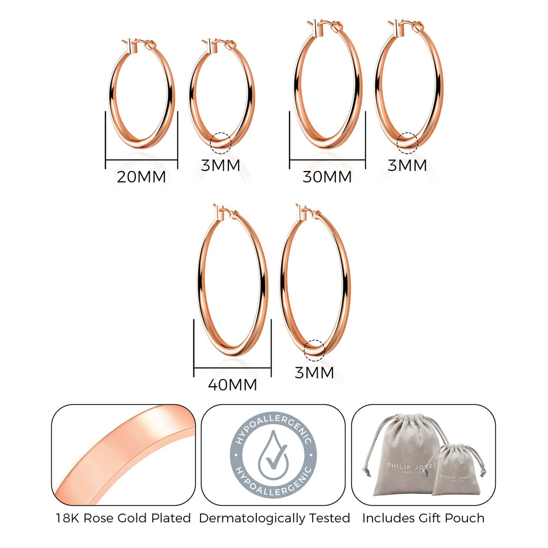 Pack of 3 Rose Gold Plated 20mm, 30mm & 40mm Hoop Earrings - Philip Jones Jewellery