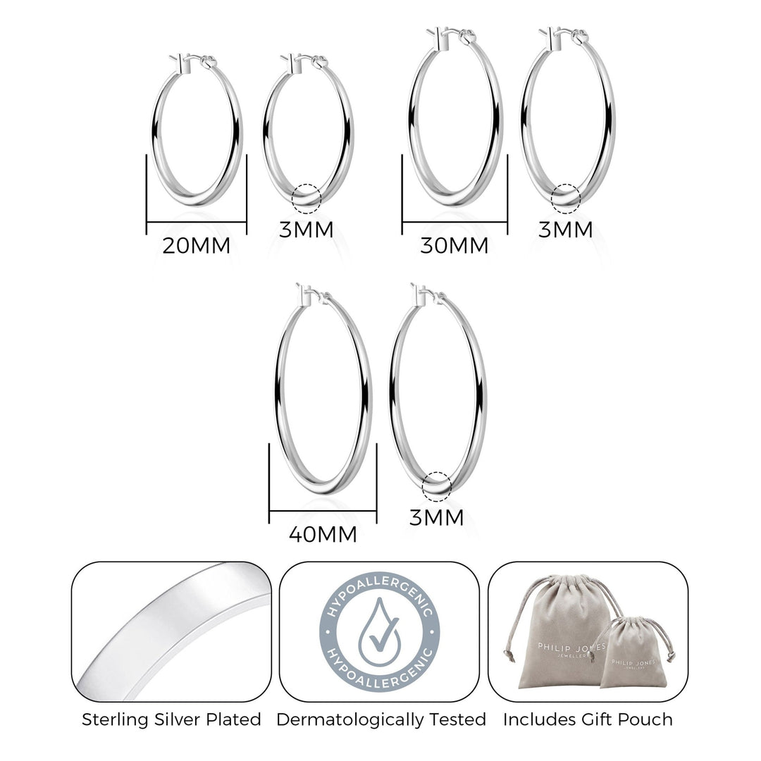Pack of 3 Silver Plated 20mm, 30mm & 40mm Hoop Earrings - Philip Jones Jewellery