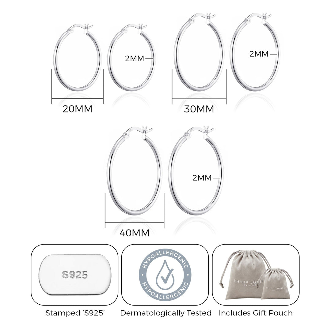 Pack of 3 Sterling Silver 20mm, 30mm, & 40mm Hoop Earrings - Philip Jones Jewellery