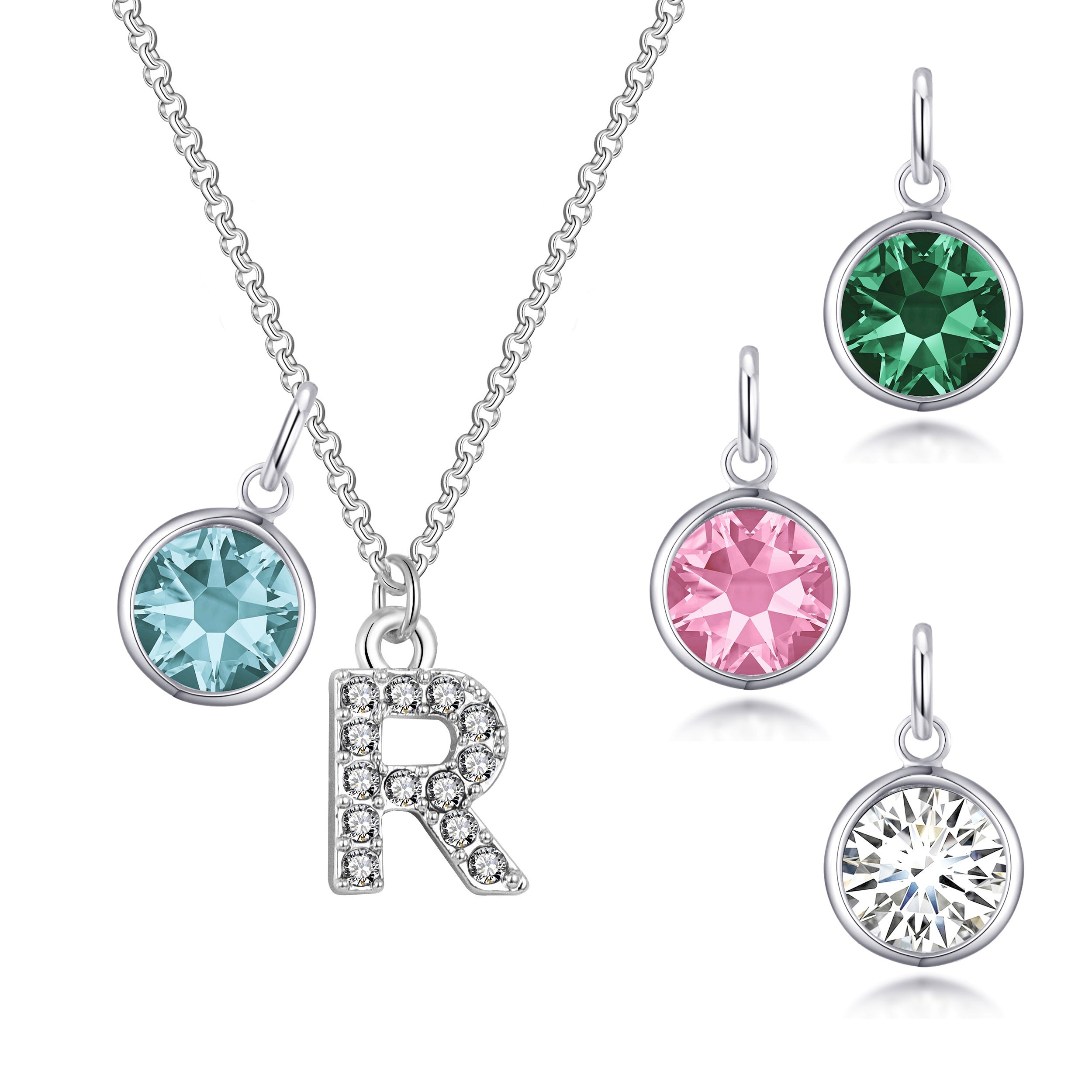 Pave Initial R Necklace with Birthstone Charm Created with Zircondia® Crystals