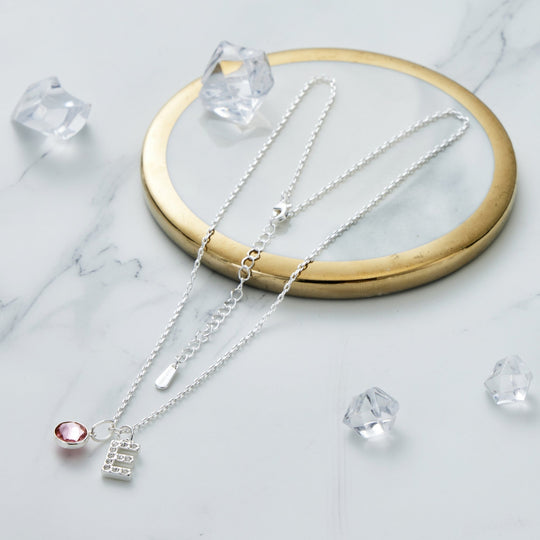 Pave Initial E Necklace with Birthstone Charm Created with Zircondia® Crystals - Philip Jones Jewellery