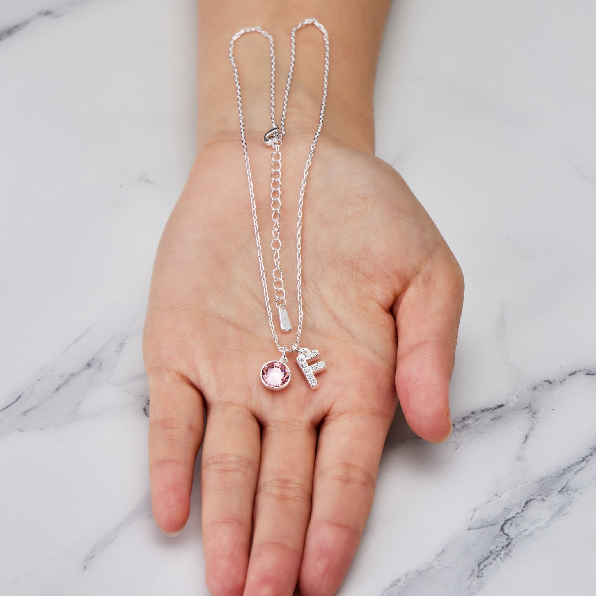 Pave Initial F Necklace with Birthstone Charm Created with Zircondia® Crystals - Philip Jones Jewellery