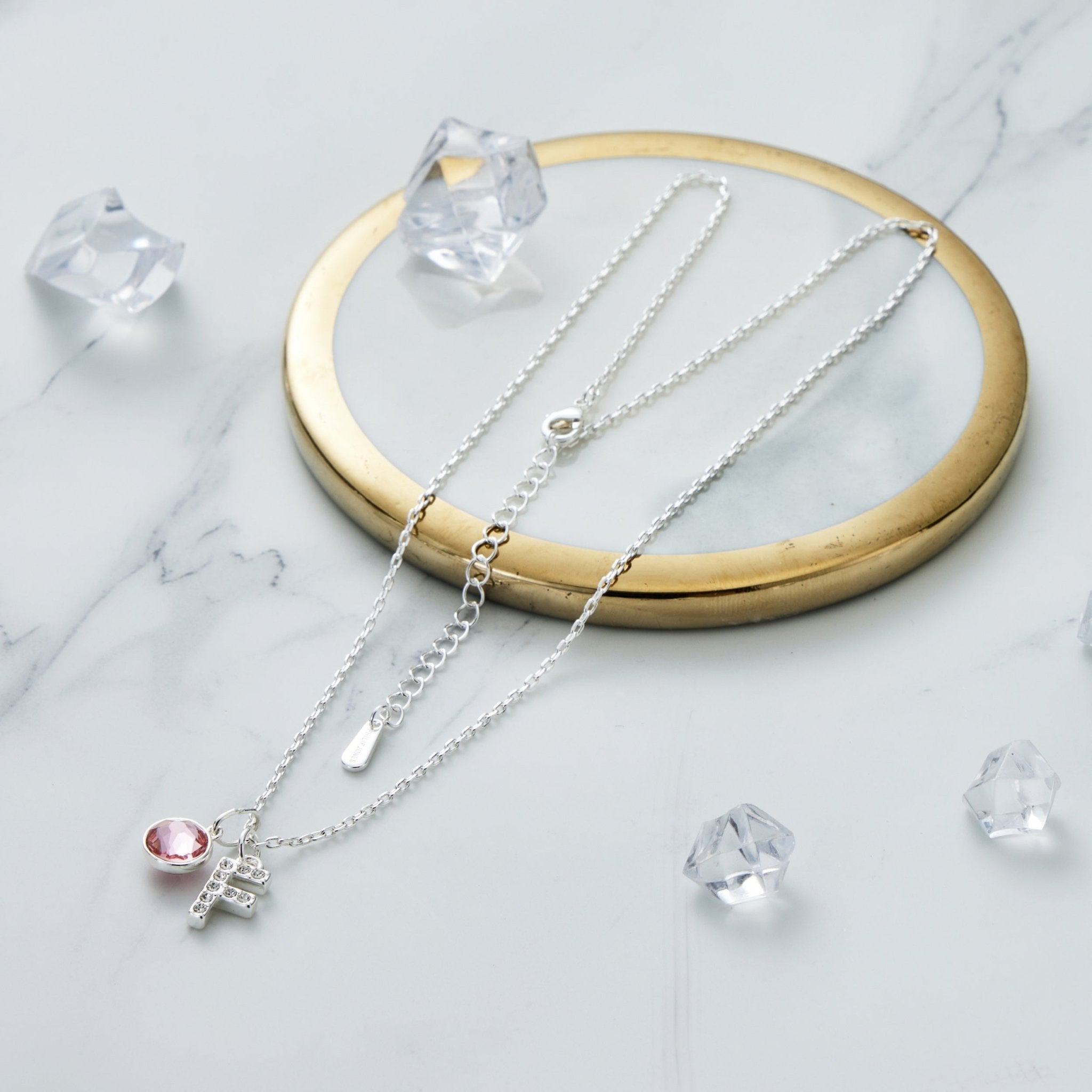 Pave Initial F Necklace with Birthstone Charm Created with Zircondia® Crystals - Philip Jones Jewellery