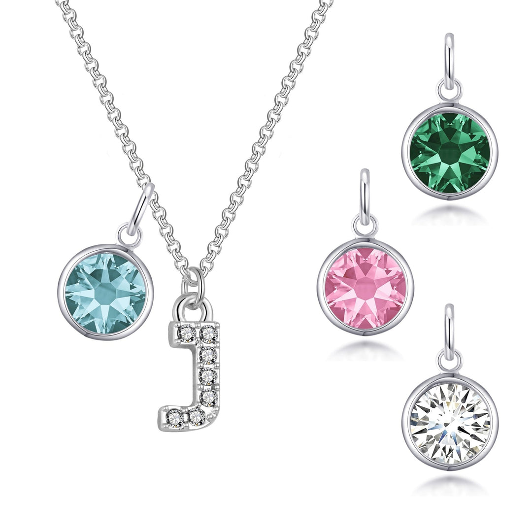 Pave Initial J Necklace with Birthstone Charm Created with Zircondia® Crystals - Philip Jones Jewellery