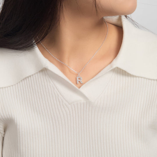 Pave Initial Necklace Letter R Created with Zircondia® Crystals - Philip Jones Jewellery