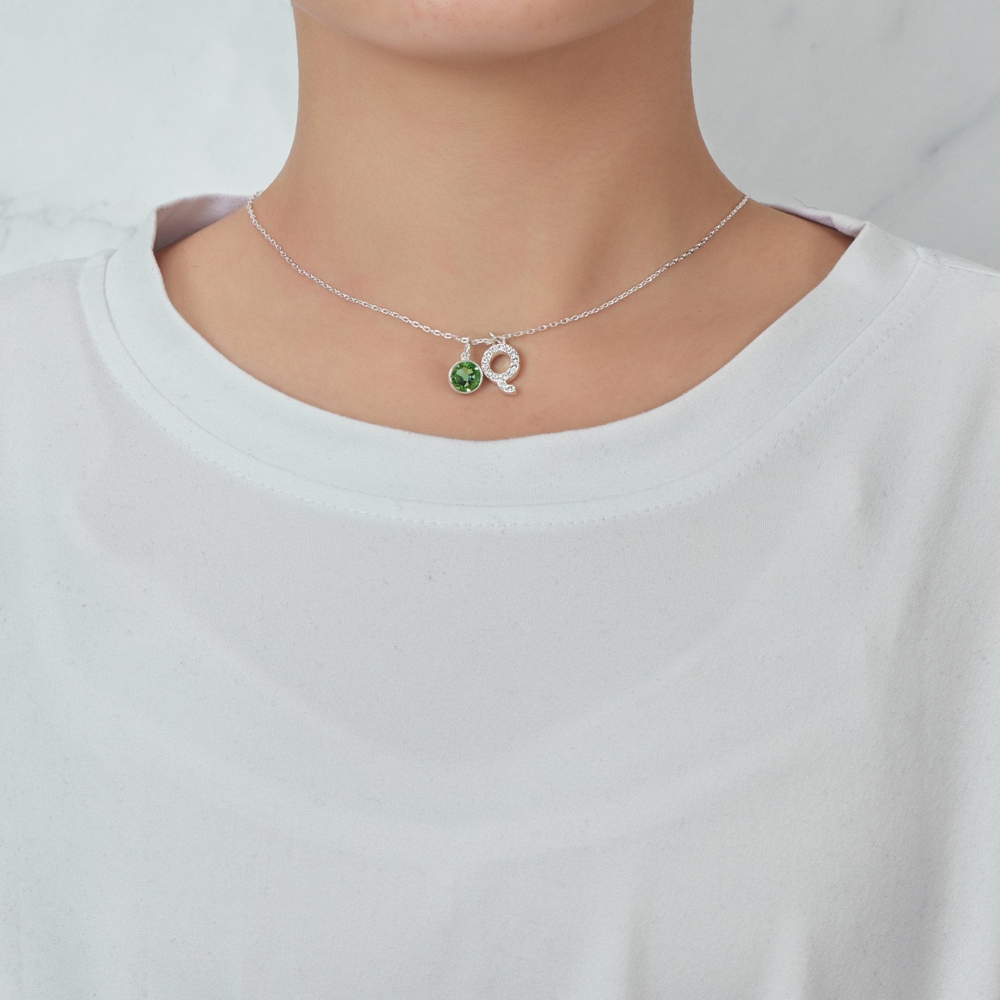 Pave Initial Q Necklace with Birthstone Charm Created with Zircondia® Crystals - Philip Jones Jewellery