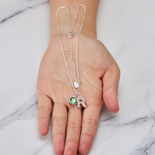 Pave Initial R Necklace with Birthstone Charm Created with Zircondia® Crystals - Philip Jones Jewellery