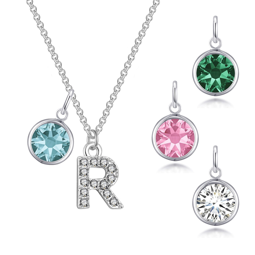 Pave Initial R Necklace with Birthstone Charm Created with Zircondia® Crystals - Philip Jones Jewellery