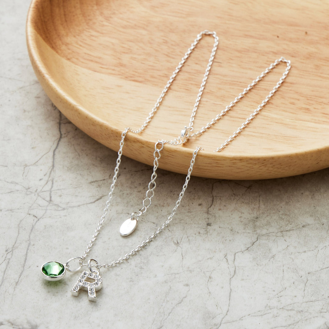 Pave Initial R Necklace with Birthstone Charm Created with Zircondia® Crystals - Philip Jones Jewellery