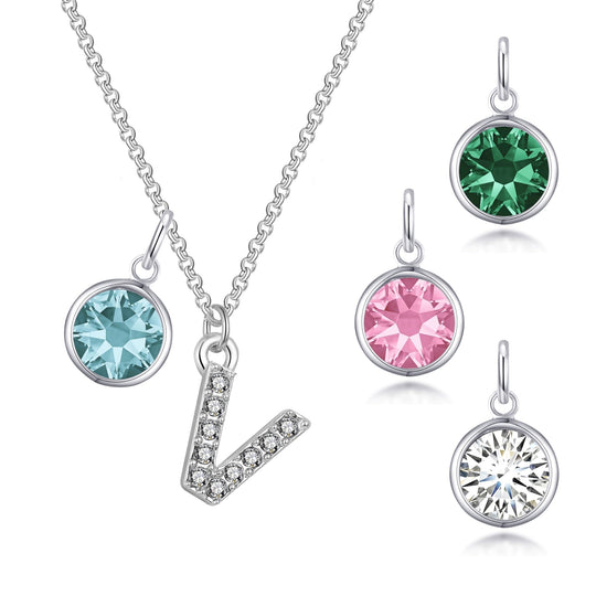 Pave Initial V Necklace with Birthstone Charm Created with Zircondia® Crystals - Philip Jones Jewellery