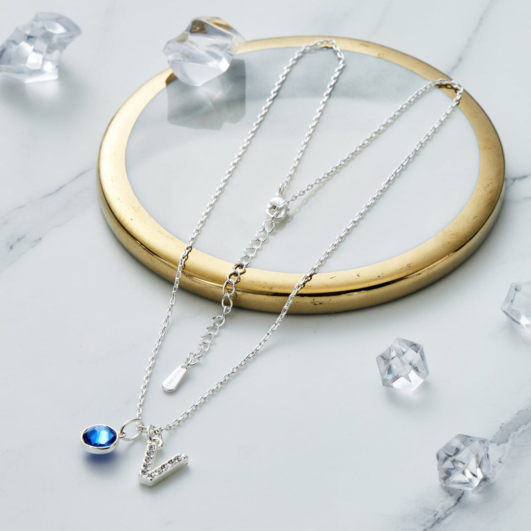 Pave Initial V Necklace with Birthstone Charm Created with Zircondia® Crystals - Philip Jones Jewellery