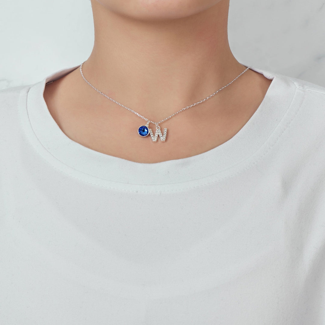 Pave Initial W Necklace with Birthstone Charm Created with Zircondia® Crystals - Philip Jones Jewellery