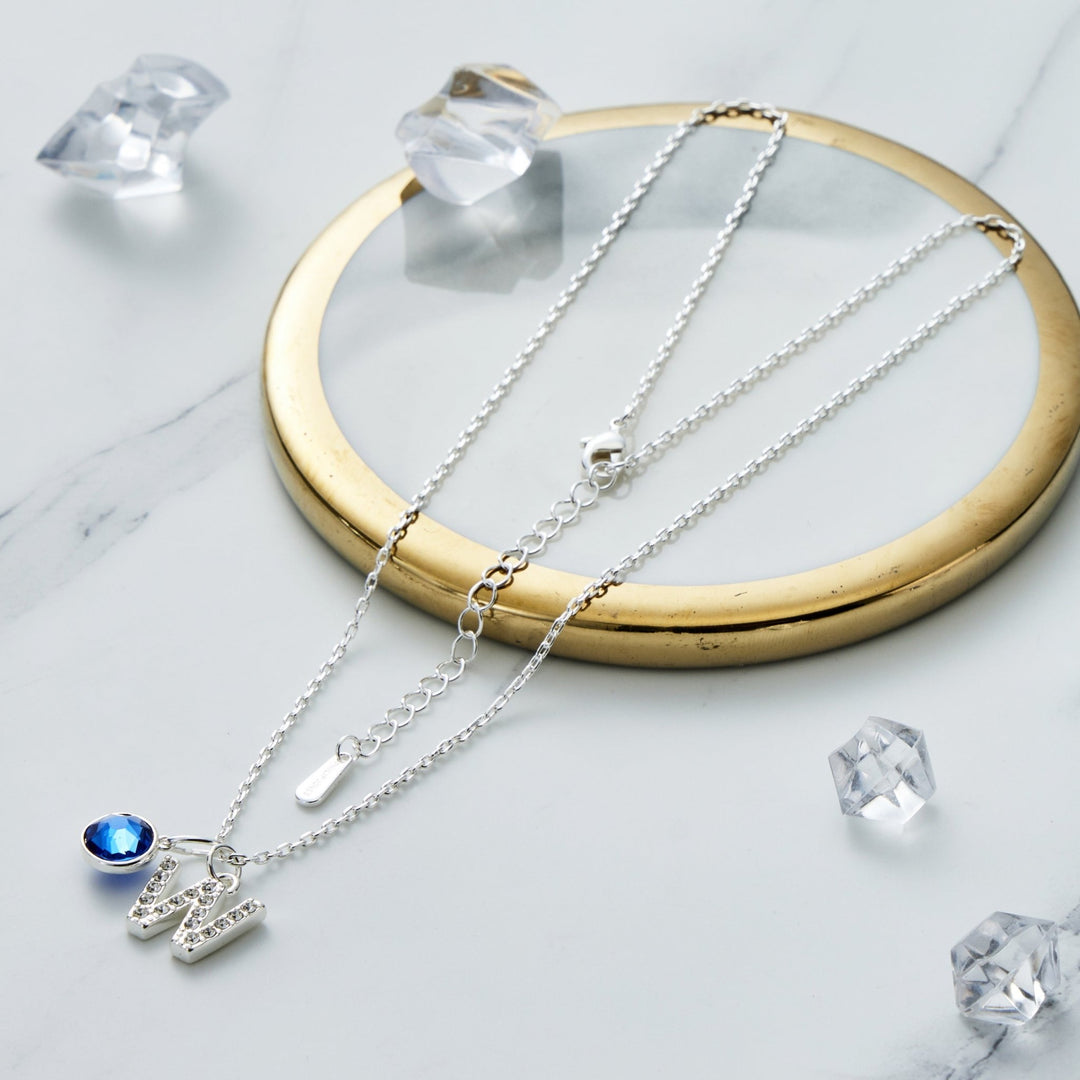 Pave Initial W Necklace with Birthstone Charm Created with Zircondia® Crystals - Philip Jones Jewellery