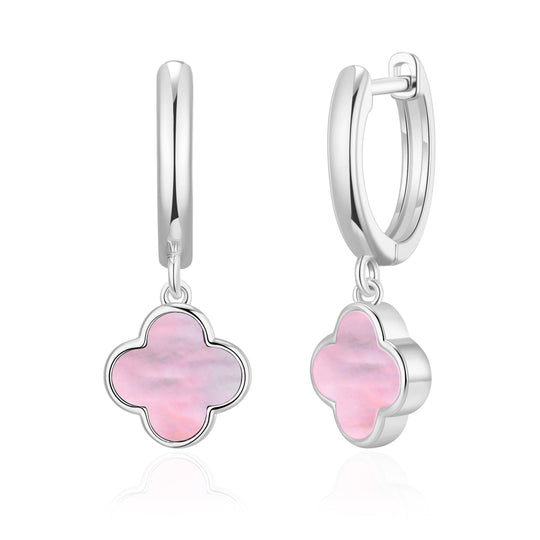 Pink Mother of Pearl Gemstone Clover Charm Hoop Earrings - Philip Jones Jewellery