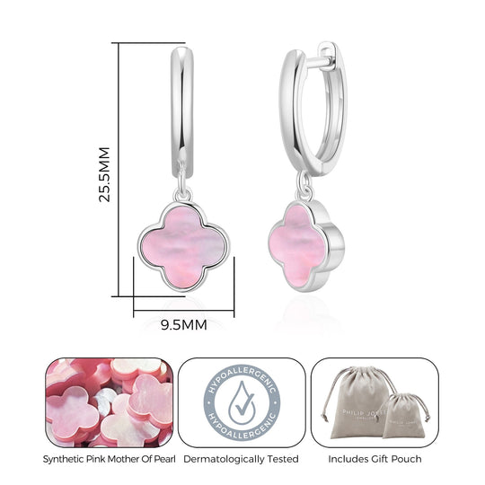 Pink Mother of Pearl Gemstone Clover Charm Hoop Earrings - Philip Jones Jewellery