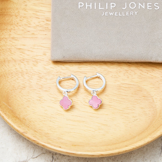 Pink Mother of Pearl Gemstone Clover Charm Hoop Earrings - Philip Jones Jewellery
