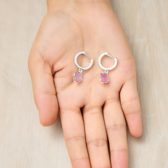 Pink Mother of Pearl Gemstone Clover Charm Hoop Earrings - Philip Jones Jewellery