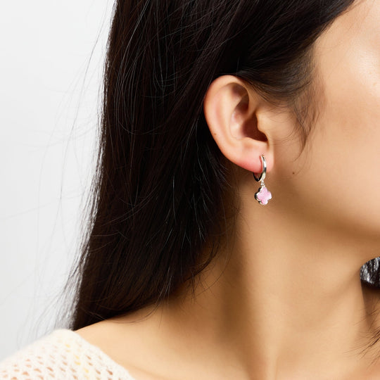 Pink Mother of Pearl Gemstone Clover Charm Hoop Earrings - Philip Jones Jewellery