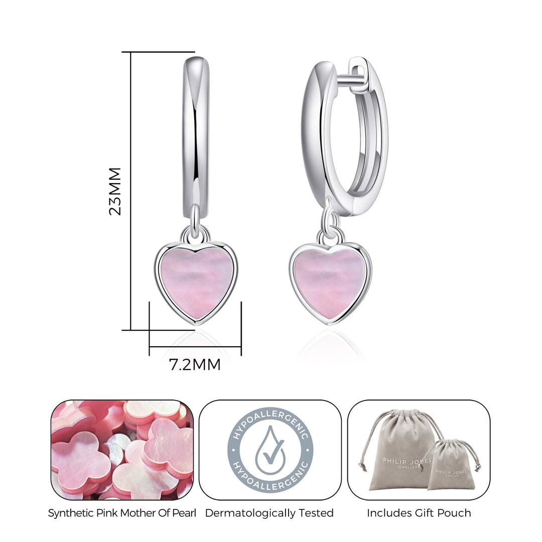 Pink Mother of Pearl Gemstone Heart Charm Hoop Earrings - Philip Jones Jewellery