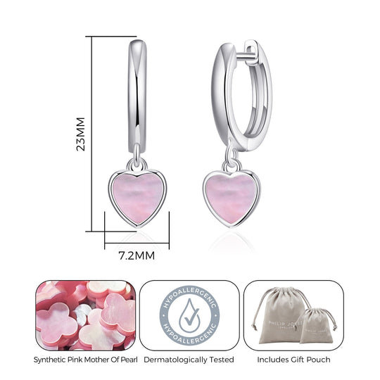 Pink Mother of Pearl Gemstone Heart Charm Hoop Earrings - Philip Jones Jewellery