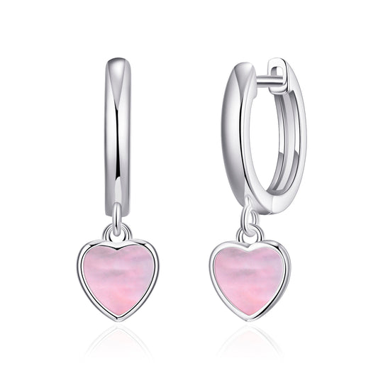 Pink Mother of Pearl Gemstone Heart Charm Hoop Earrings - Philip Jones Jewellery