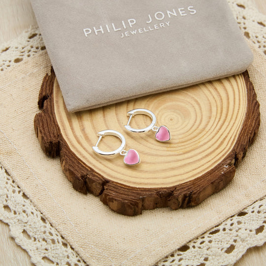 Pink Mother of Pearl Gemstone Heart Charm Hoop Earrings - Philip Jones Jewellery