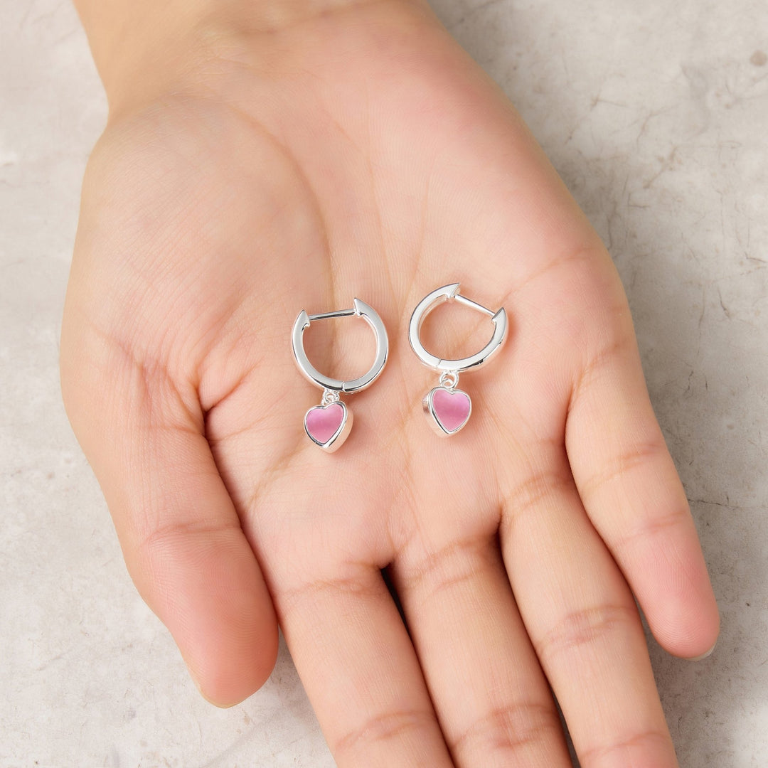 Pink Mother of Pearl Gemstone Heart Charm Hoop Earrings - Philip Jones Jewellery