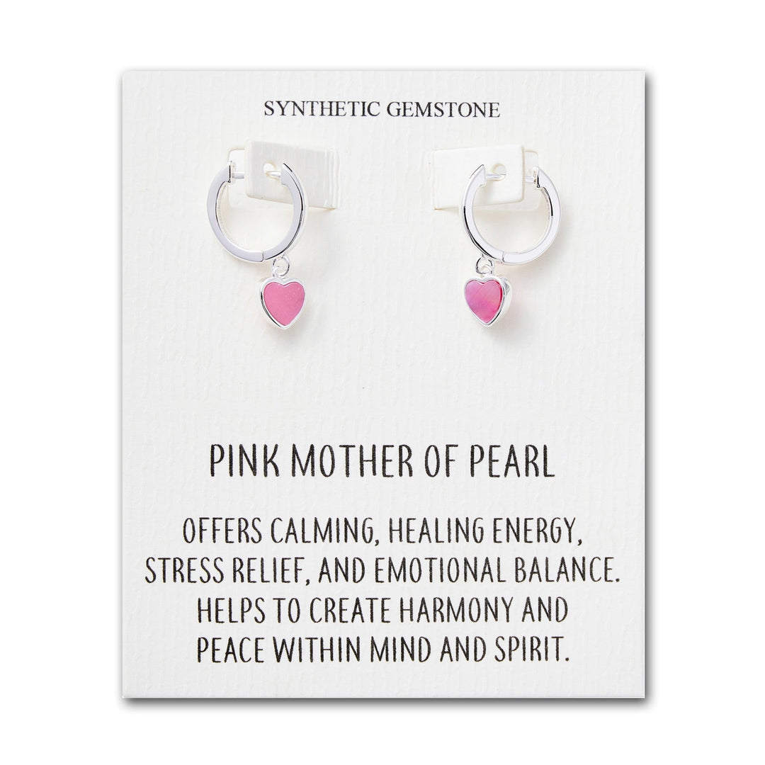 Pink Mother of Pearl Gemstone Heart Charm Hoop Earrings with Quote Card