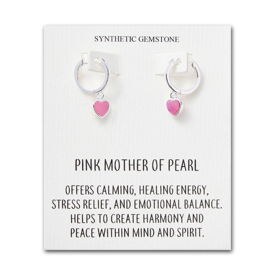 Pink Mother of Pearl Gemstone Heart Charm Hoop Earrings with Quote Card