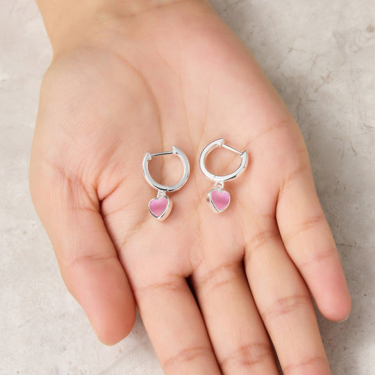 Pink Mother of Pearl Gemstone Heart Charm Hoop Earrings with Quote Card