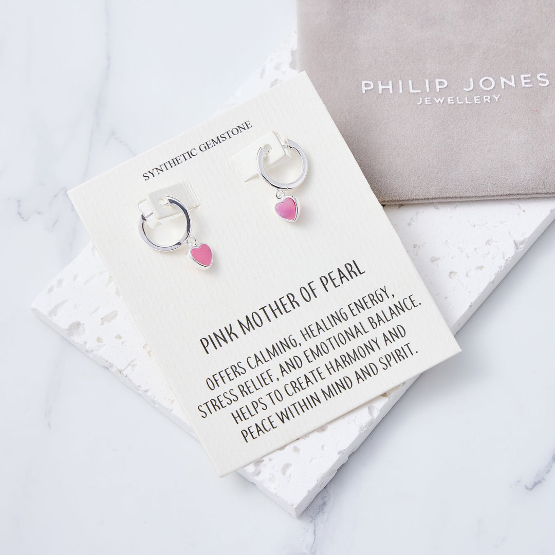 Pink Mother of Pearl Gemstone Heart Charm Hoop Earrings with Quote Card