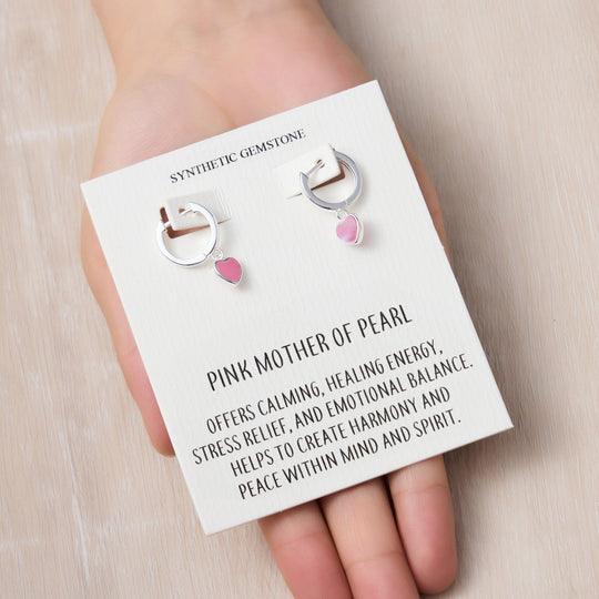 Pink Mother of Pearl Gemstone Heart Charm Hoop Earrings with Quote Card