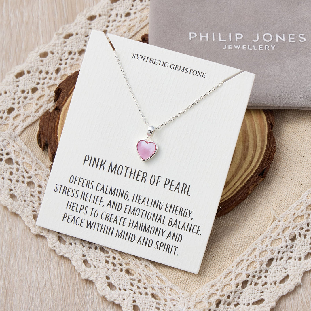 Pink Mother of Pearl Gemstone Heart Necklace with Quote Card - Philip Jones Jewellery