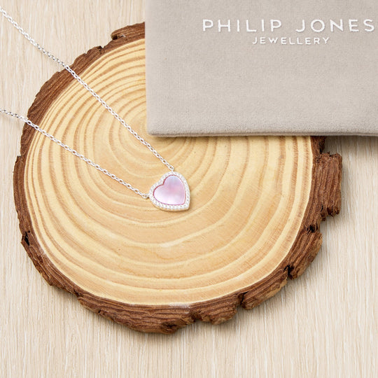 Pink Mother of Pearl Gemstone Heart Necklace with Zircondia® Crystals