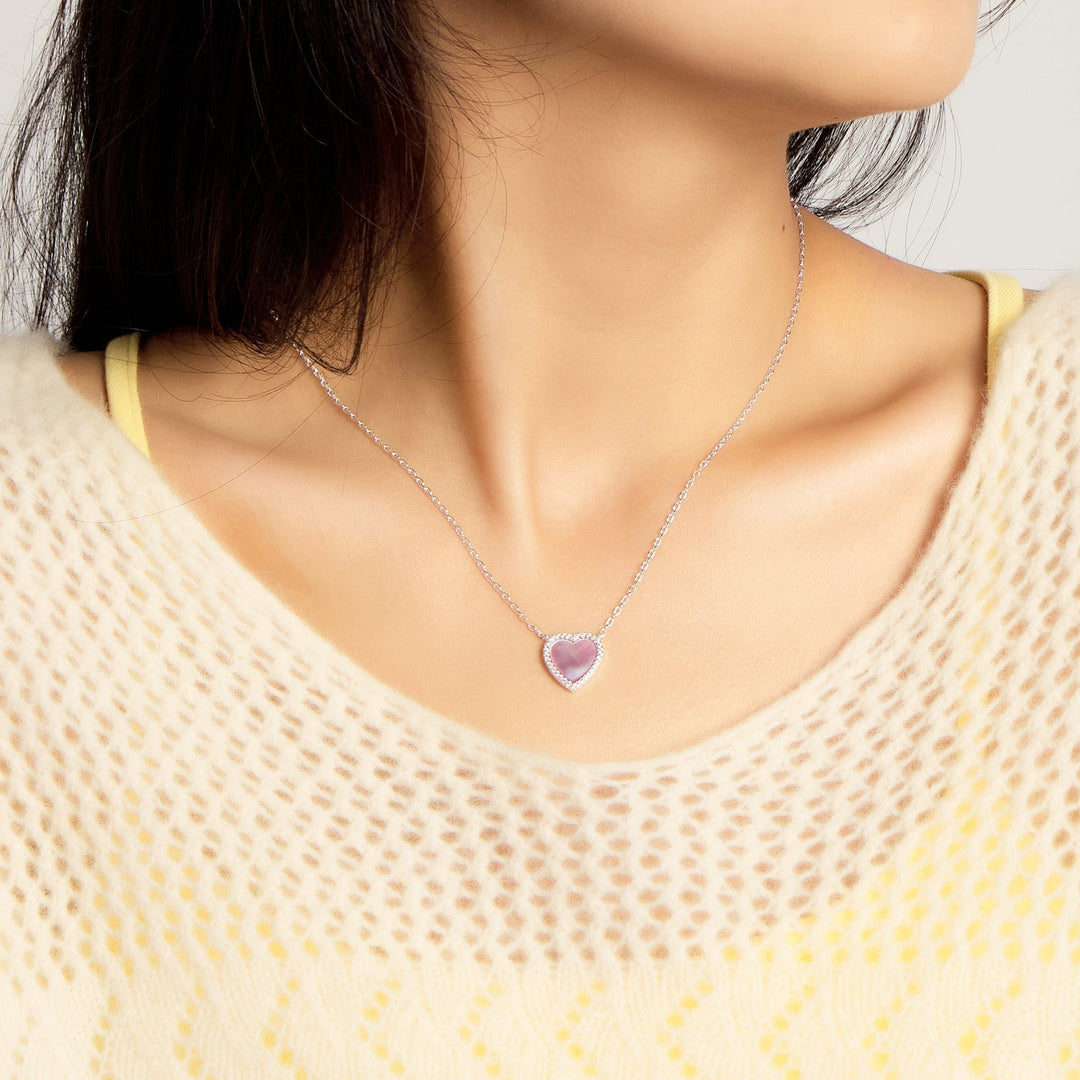 Pink Mother of Pearl Gemstone Heart Necklace with Zircondia® Crystals