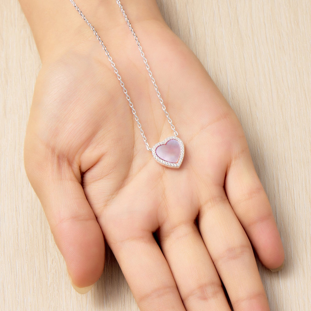 Pink Mother of Pearl Gemstone Heart Necklace with Zircondia® Crystals