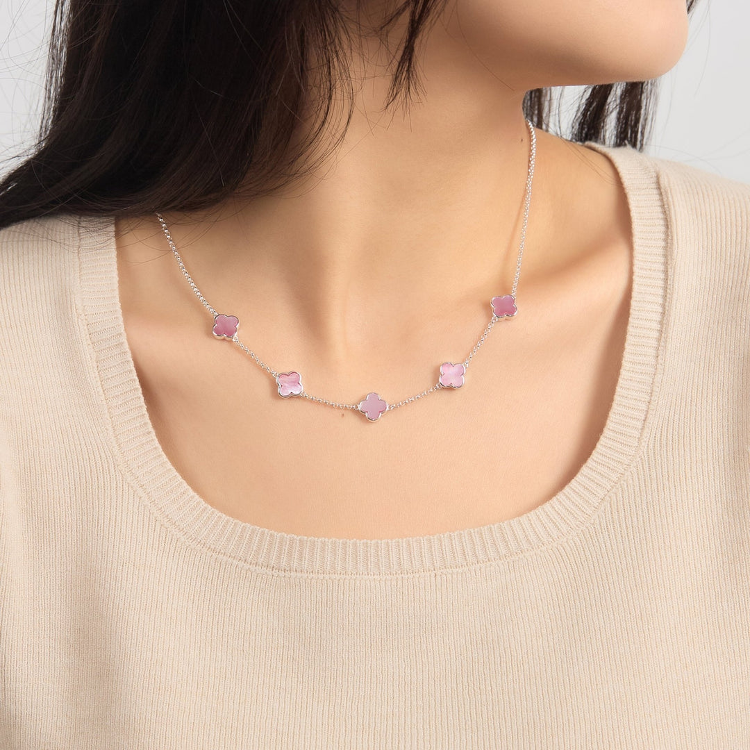 Pink Mother of Pearl Gemstone Multi Clover Necklace - Philip Jones Jewellery