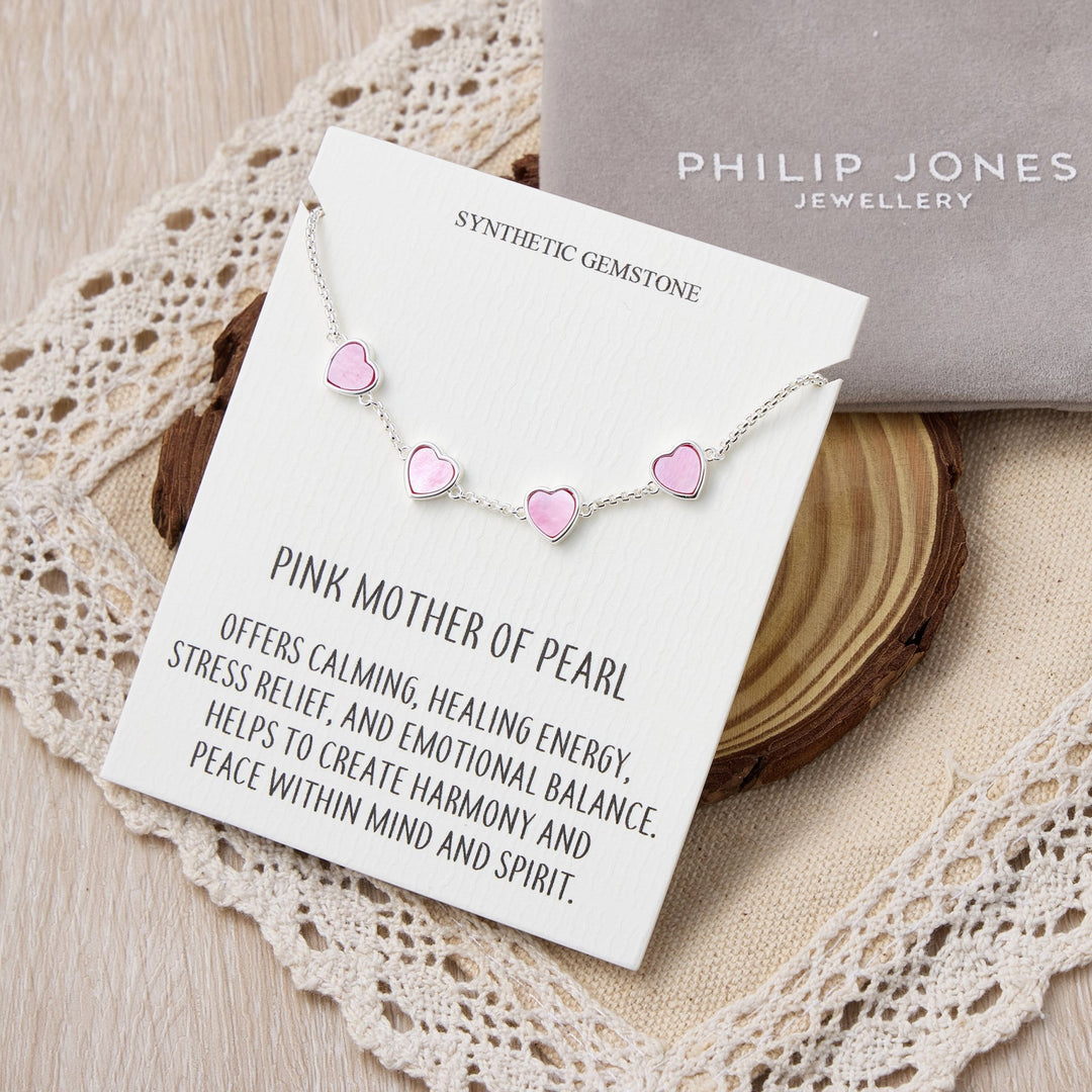 Pink Mother Of Pearl Gemstone Multi Heart Friendship Bracelet with Quote Card - Philip Jones Jewellery