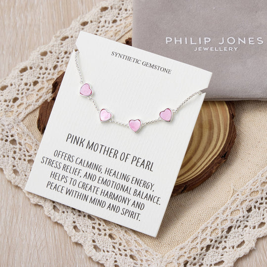Pink Mother Of Pearl Gemstone Multi Heart Friendship Bracelet with Quote Card - Philip Jones Jewellery