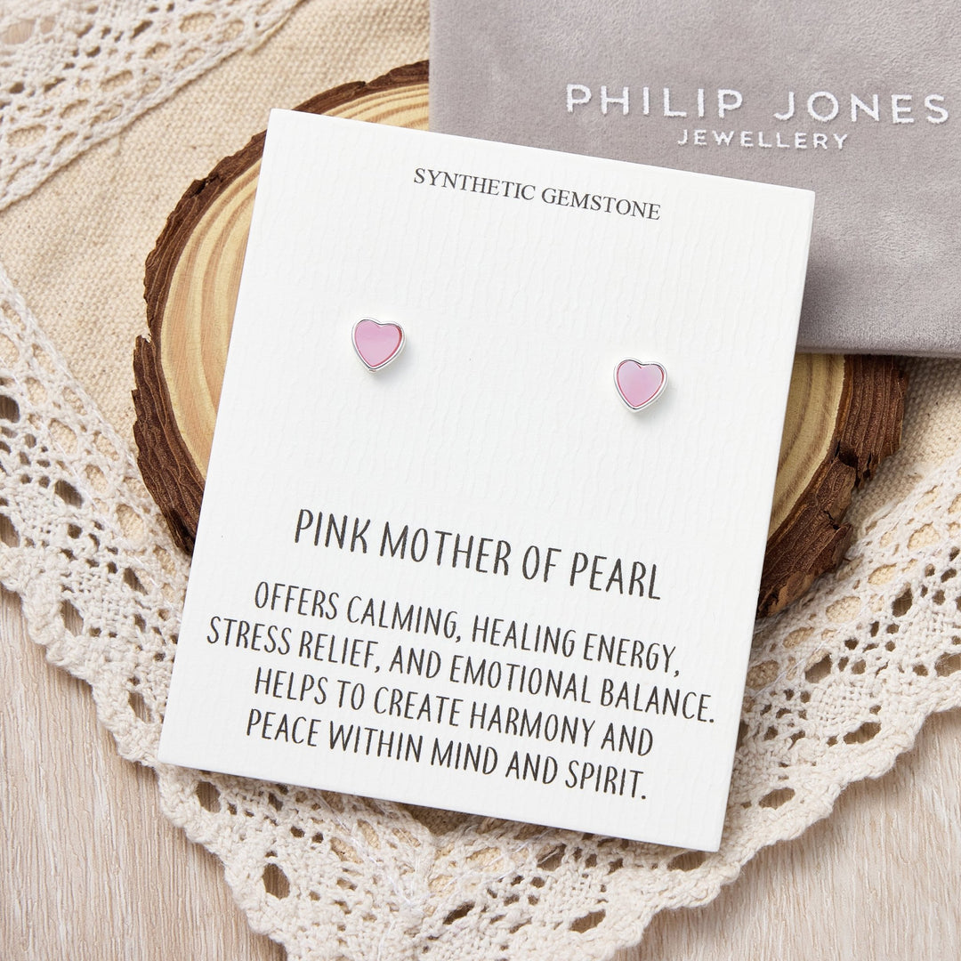 Pink Mother of Pearl Heart Stud Earrings with Quote Card - Philip Jones Jewellery