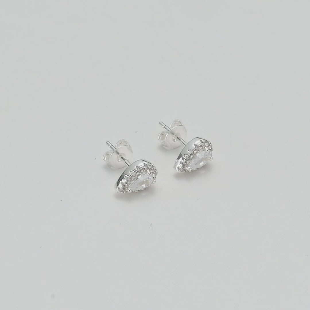 Silver Plated Pear Halo Earrings Created with Zircondia® Crystals Video