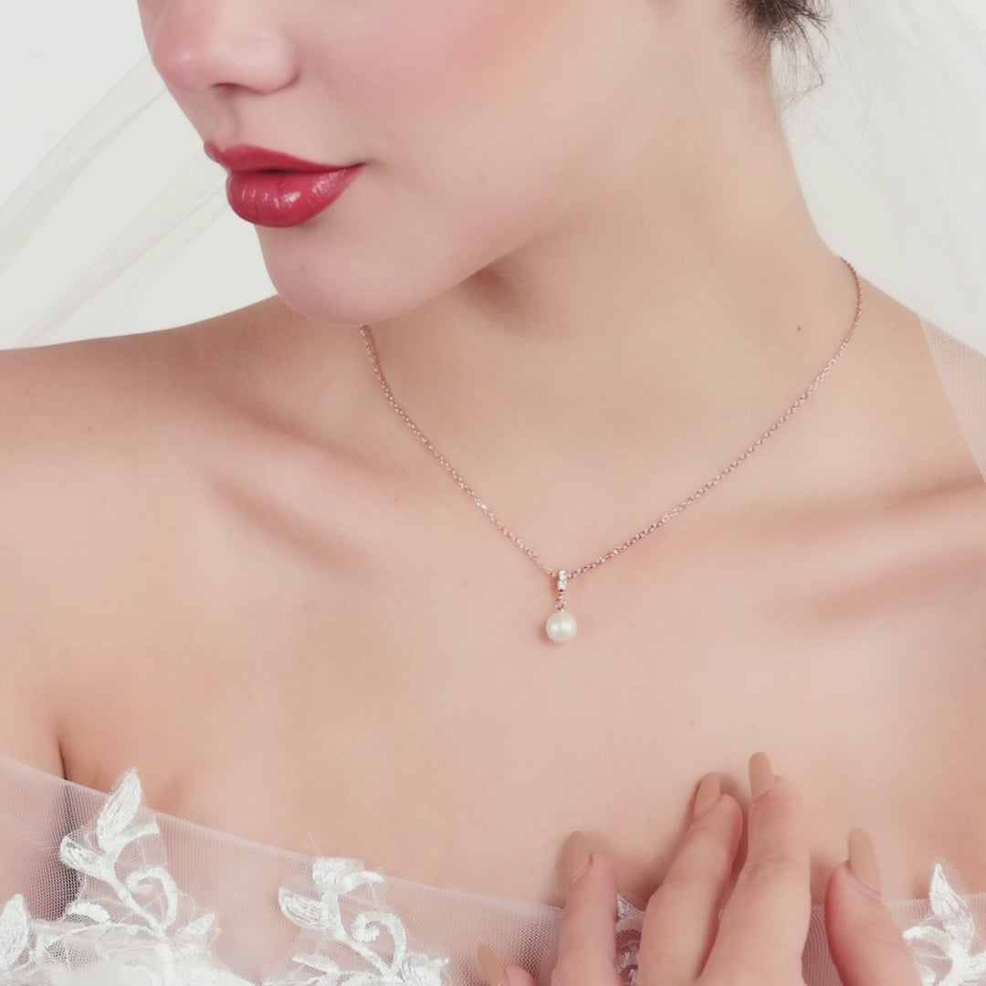 Rose Gold Plated Pearl Drop Bridal Set Created with Zircondia® Crystals