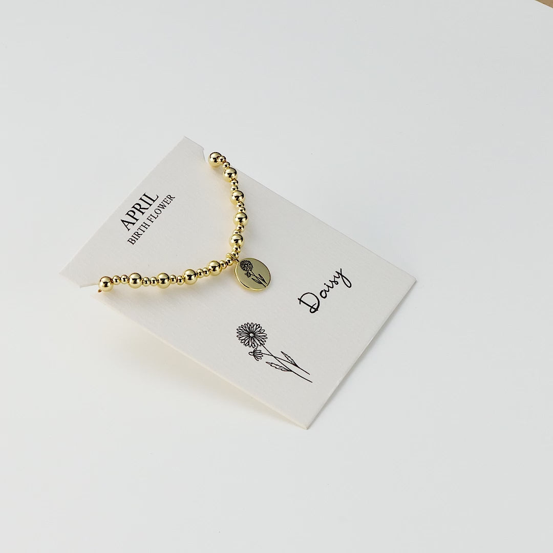 18k Gold Plated April Birth Flower Daisy Beaded Stretch Bracelet with Card
