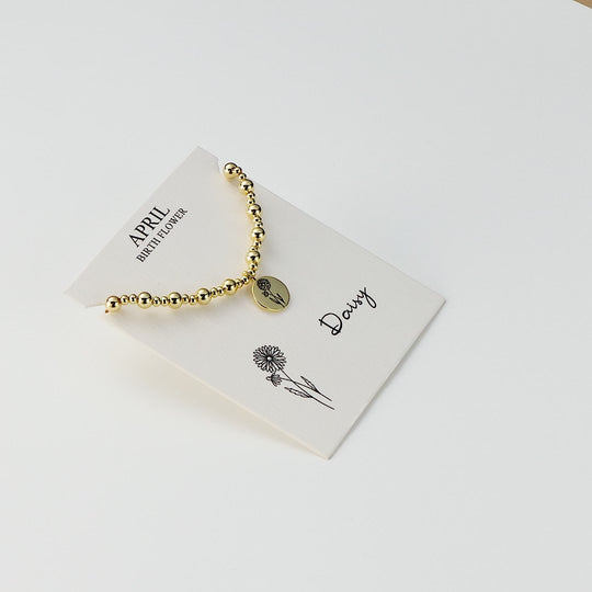 18k Gold Plated April Birth Flower Daisy Beaded Stretch Bracelet with Card