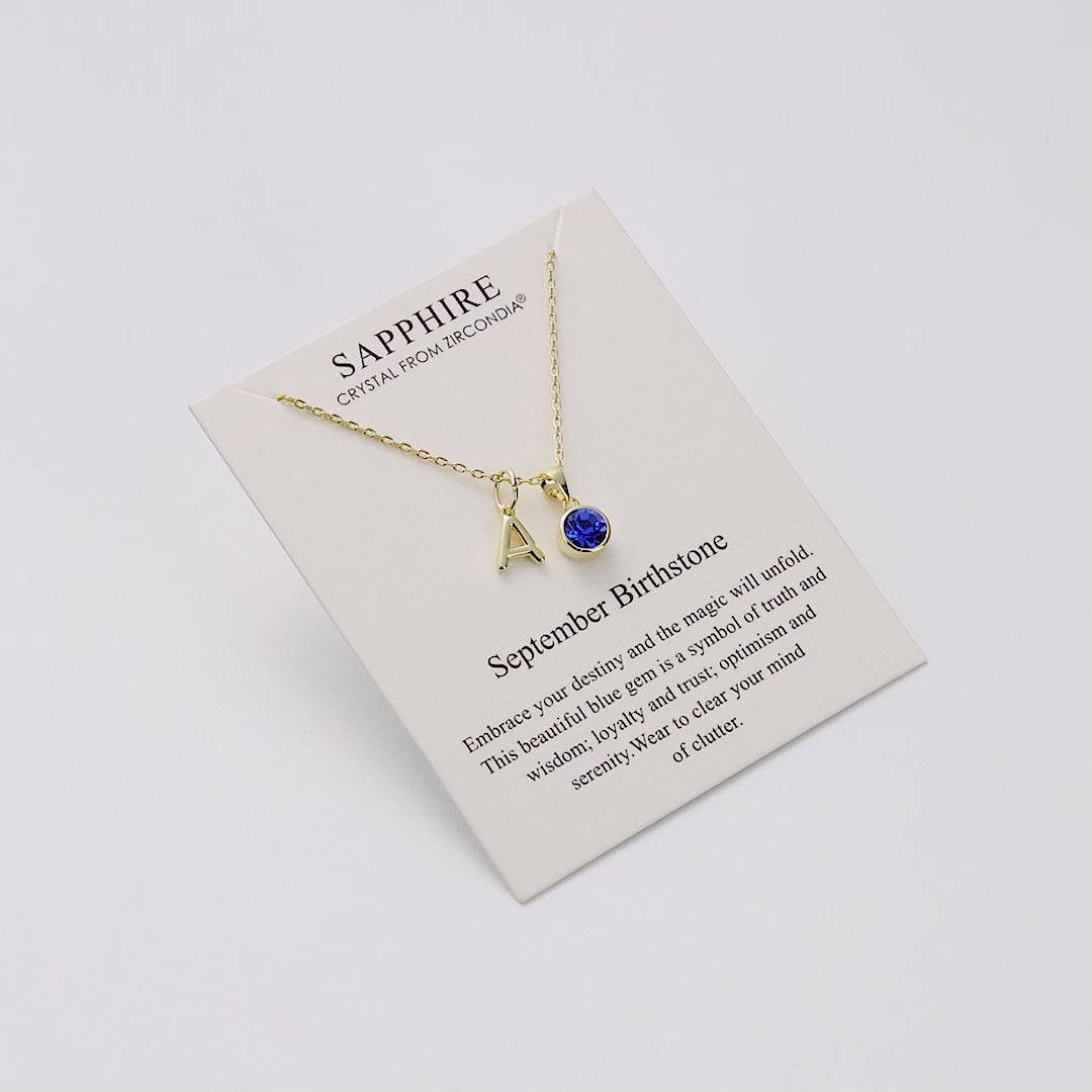 Customisable Gold Plated September (Sapphire) Birthstone Necklace with Option of Initial Charms (A-Z)