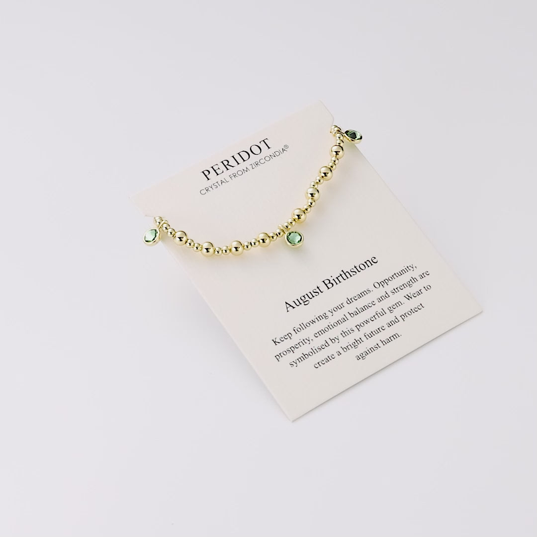 18k Gold Plated August (Peridot) Birthstone Stretch Charm Bracelet with Quote Card