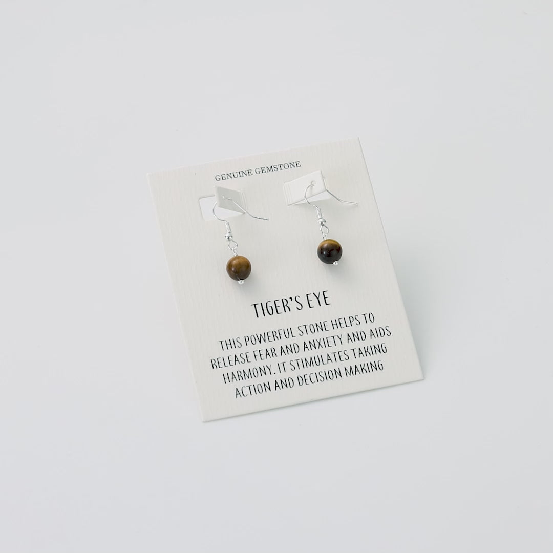 Tigers Eye Gemstone Round Drop Earrings with Quote Card